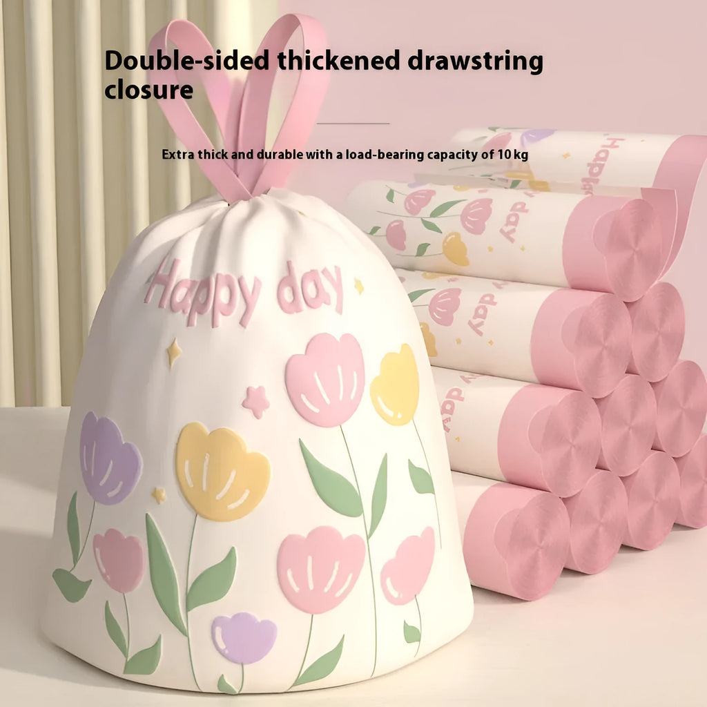 Pink degradable drawstring garbage bags with argy wormwood mosquito repellent.