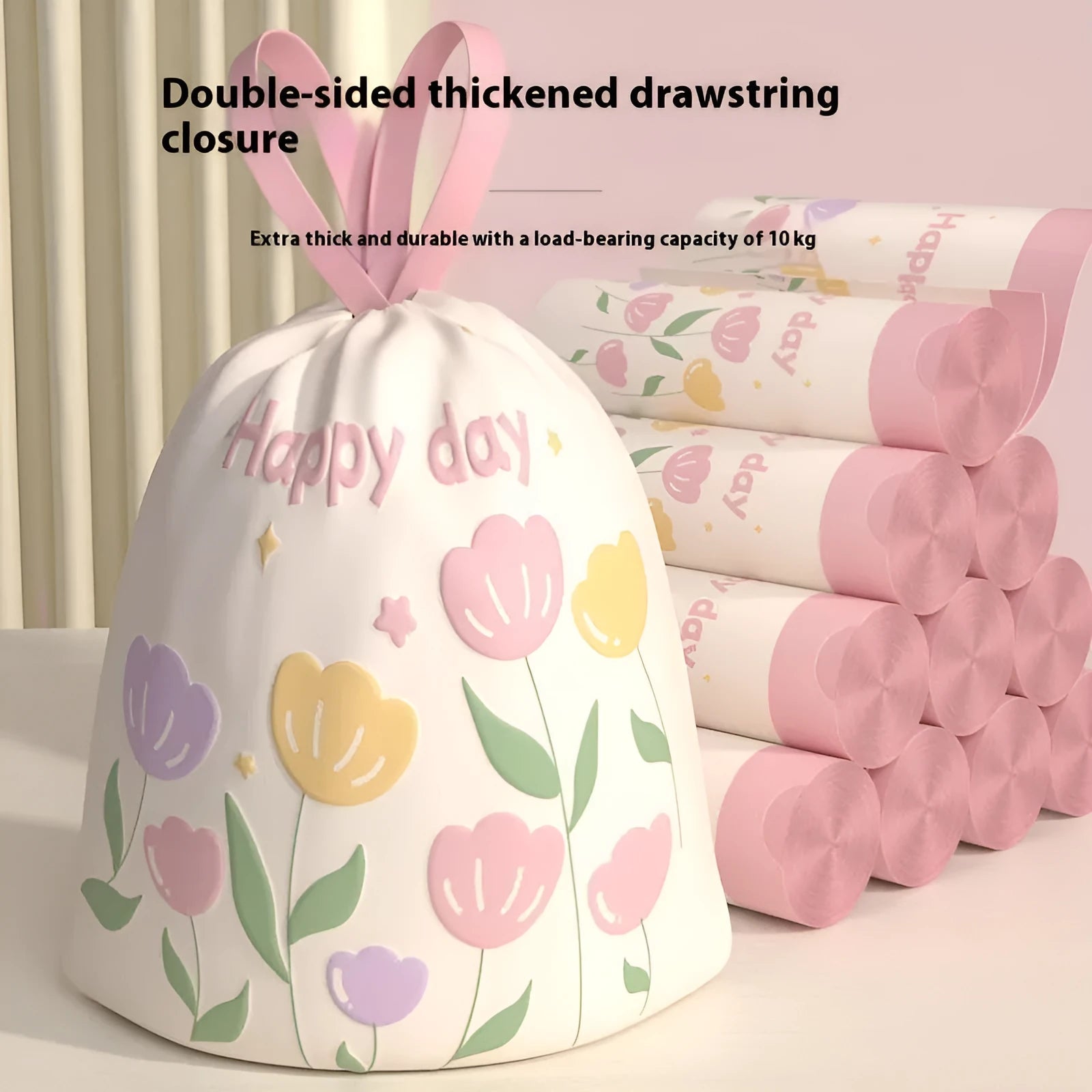 Pink degradable drawstring garbage bags with argy wormwood mosquito repellent.