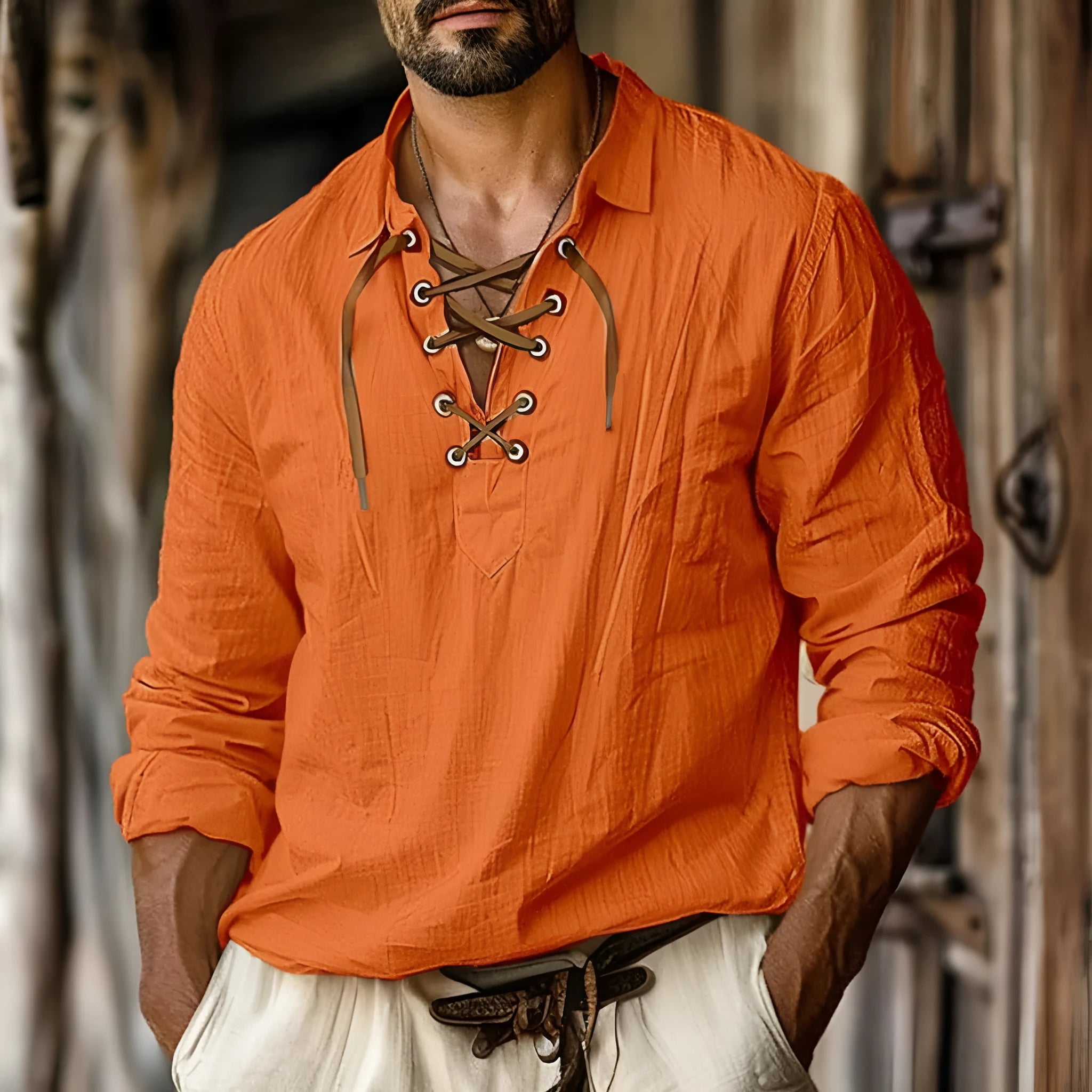 Men's plus size loose-fit linen shirt with a lapel collar in a solid blue colour.