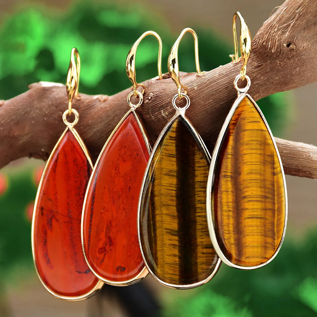 Vintage long water drop stone earrings in tigereye colour with retro styling