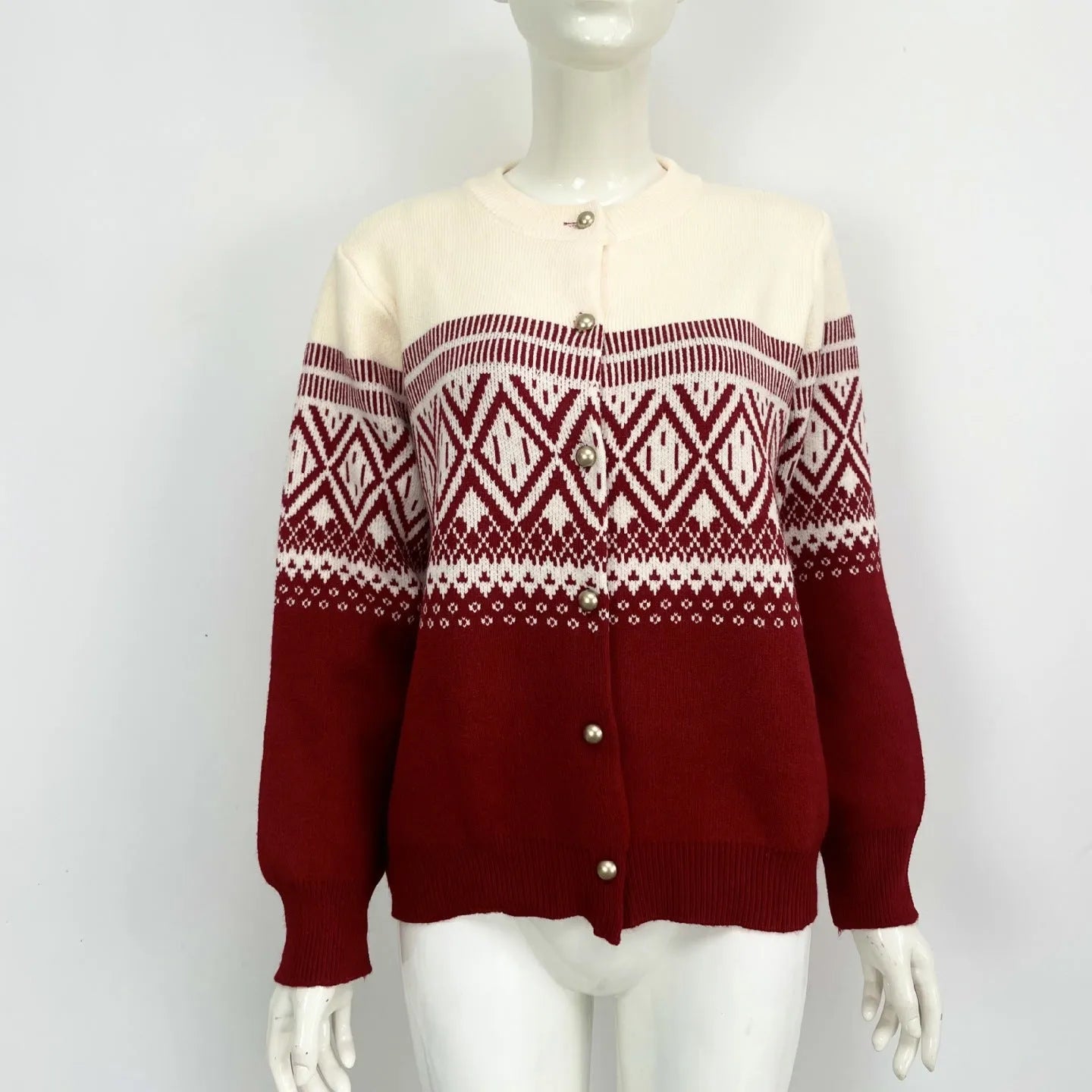 Women's grey alpaca wool cardigan with pink and white diamond pattern and long sleeves