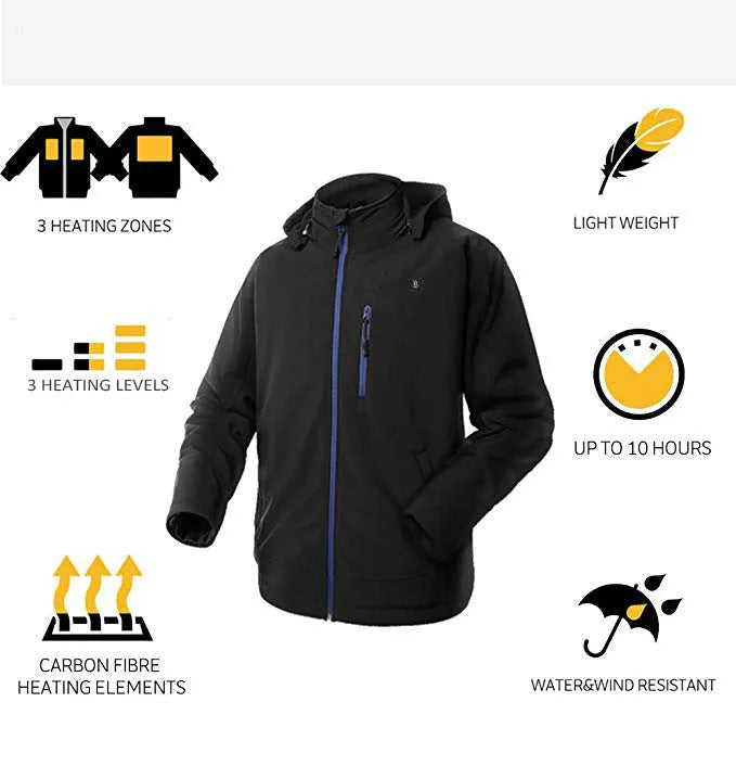 Black USB heated winter coat for men with waterproof windproof polyester construction and electric heating pockets