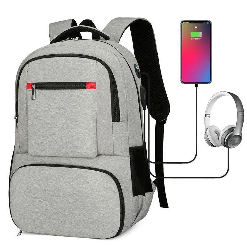 Light grey Oxford cloth insulated backpack with curved shoulder straps and a pull rod belt attached.