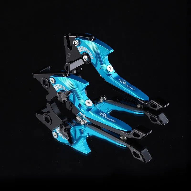 Pair of anodised aluminium motorcycle brake and clutch levers with six-speed adjustable length mechanism
