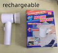 White electric cleaning brush with three interchangeable brush heads for household cleaning tasks