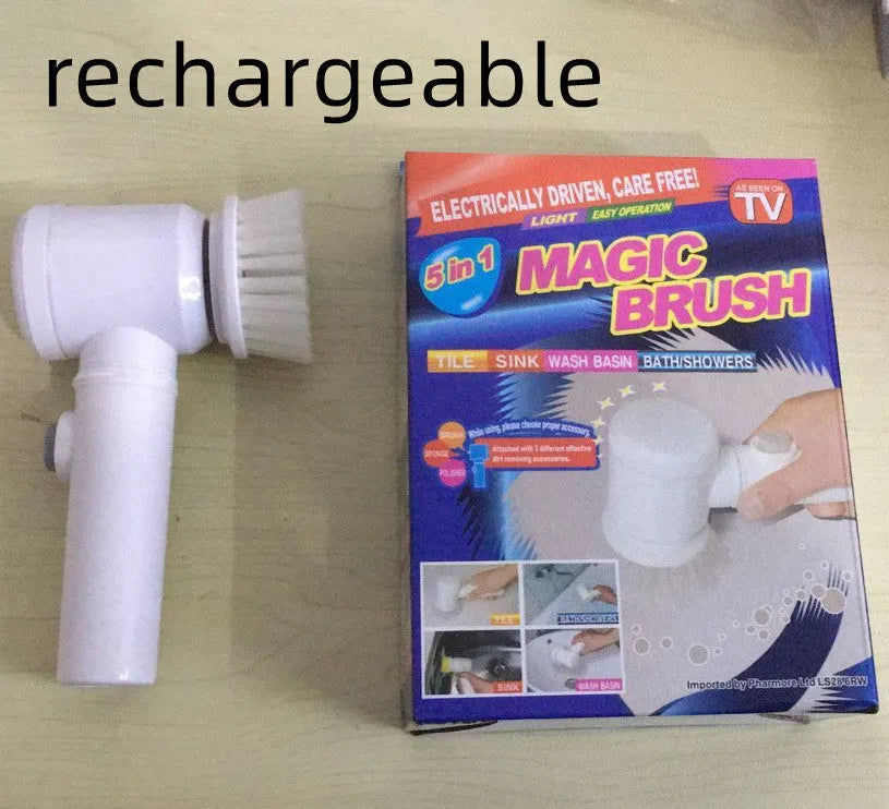 White electric cleaning brush with three interchangeable brush heads for household cleaning tasks