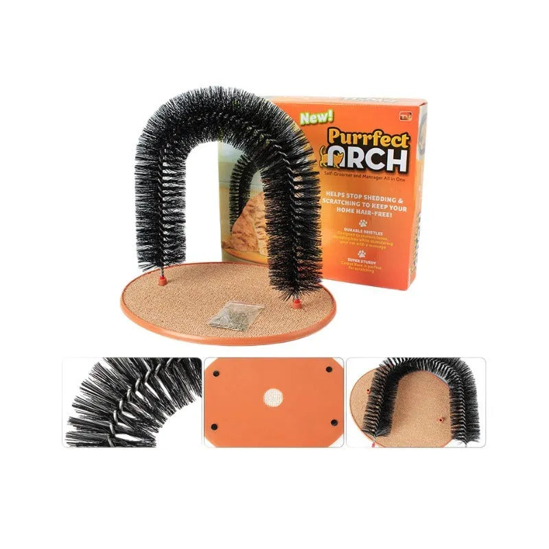 White and grey plastic cat grooming arch scratcher with built-in brush and catnip groove.