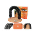 White and grey plastic cat grooming arch scratcher with built-in brush and catnip groove.