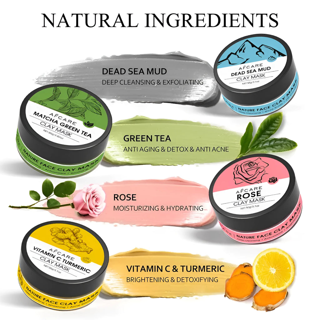 Set of four clay face mask jars: Dead Sea Mud, Green Tea, Turmeric, and Rose, each 80ml.