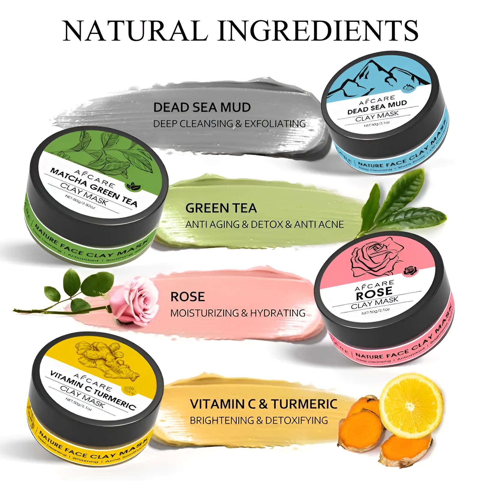 Set of four clay face mask jars: Dead Sea Mud, Green Tea, Turmeric, and Rose, each 80ml.