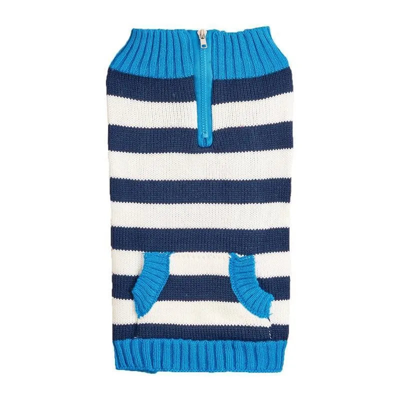 Grey dog sweater with blue horizontal zipper and button pockets on small dog