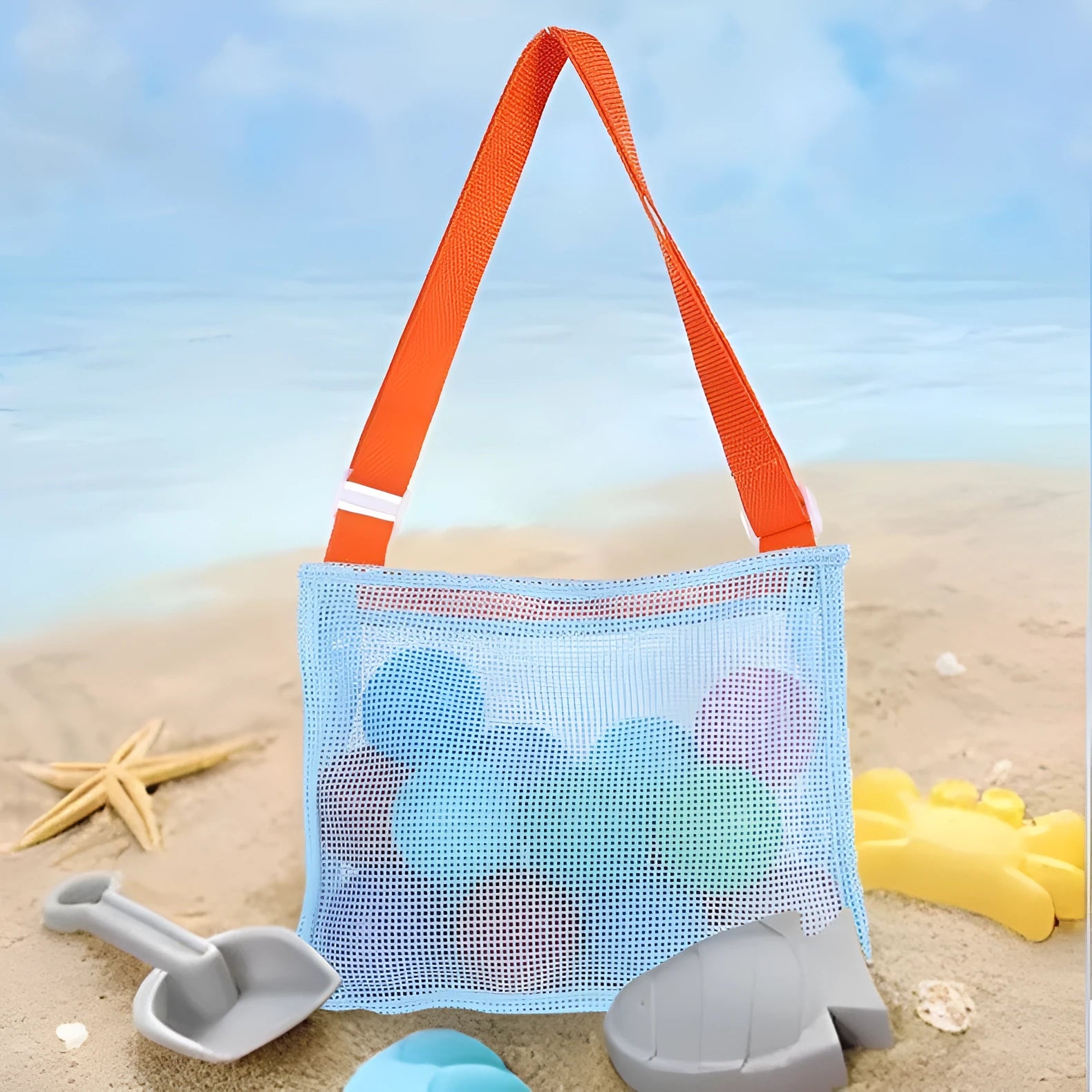 Blue children's drawstring travel storage bag made of mesh, showing size and handbag shape.