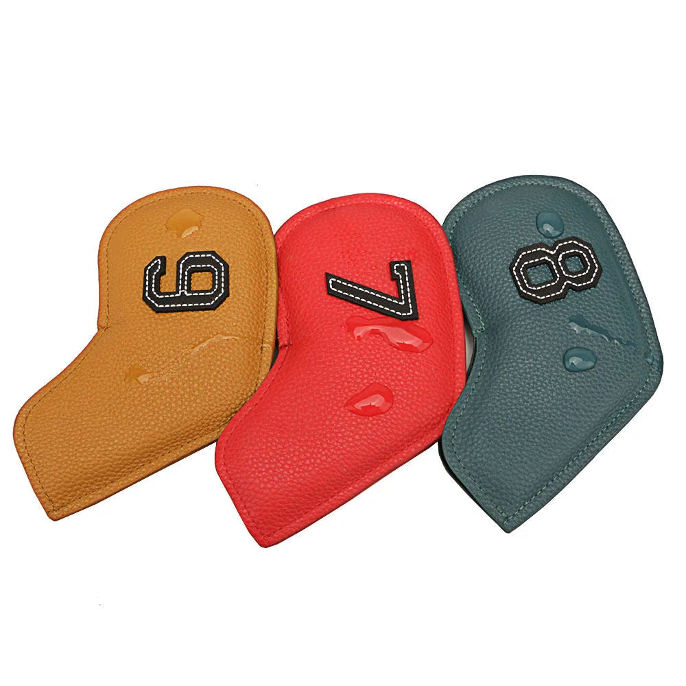 Set of 10 assorted digitally printed PU golf club head covers for protection and gifting.