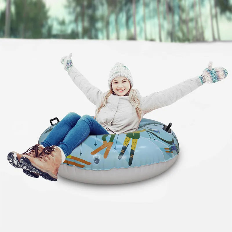 PVC plastic winter ski ring toy for children in printed flame red, blue, or snow mountain designs.