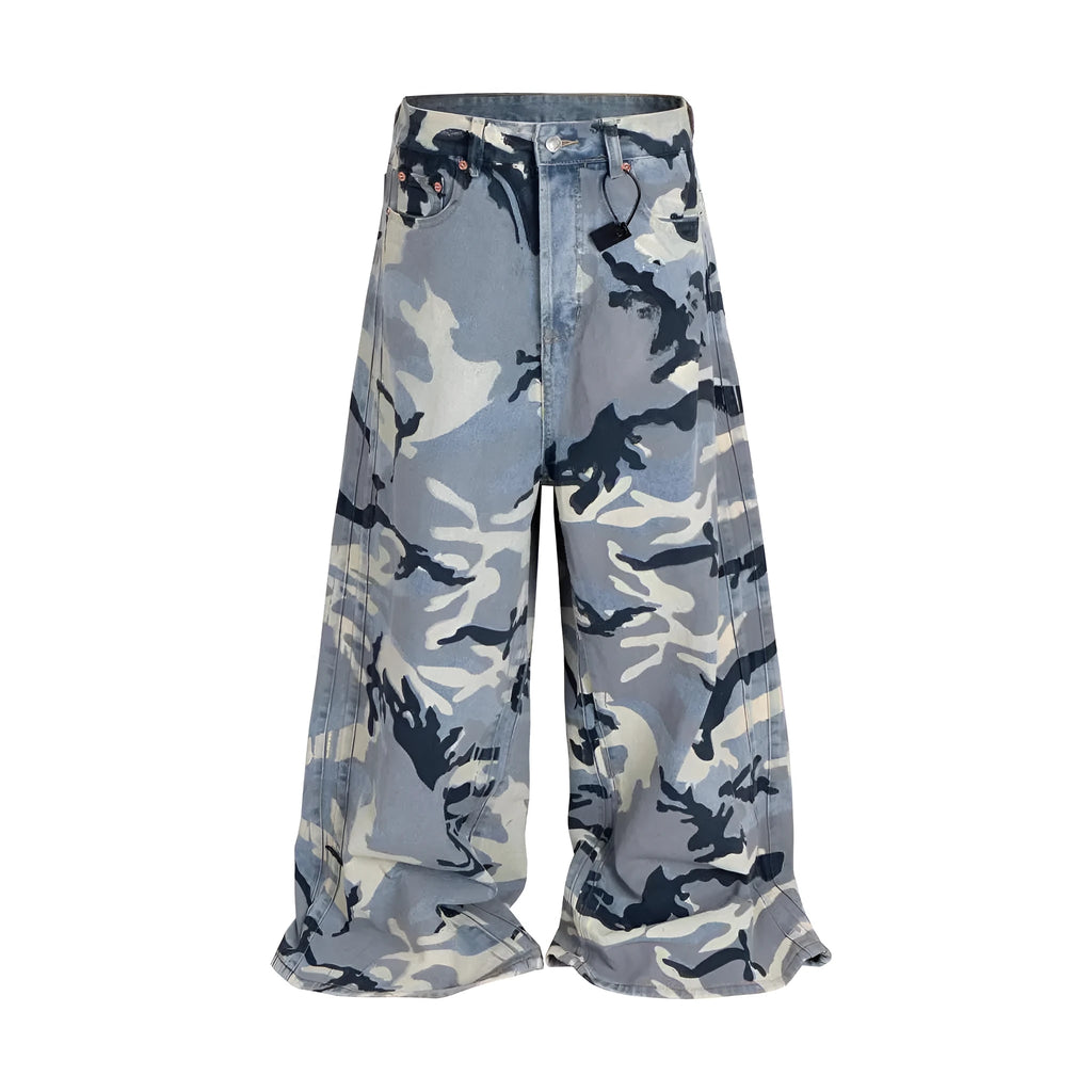 Snow camouflage blue loose-fit jeans with micro-elastic denim fabric