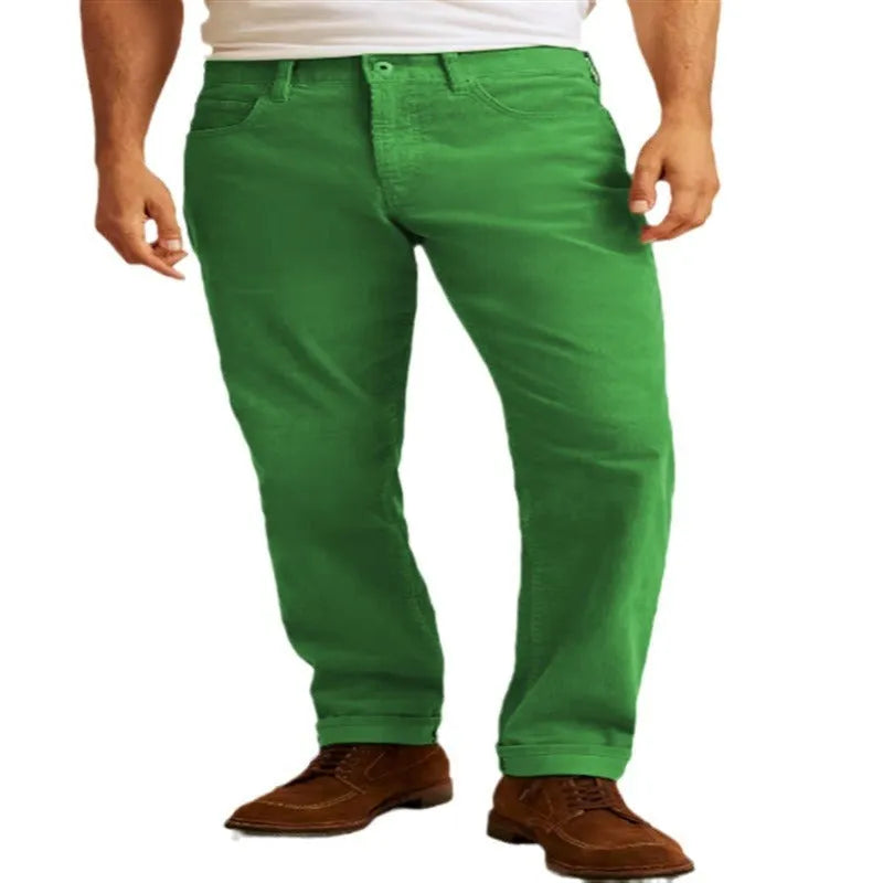 Corduroy loose fit straight-leg casual trousers in Army Green colour on a hanger.