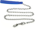 Heavy duty metal dog chain leash with soft padded handle in black, blue, or red colours