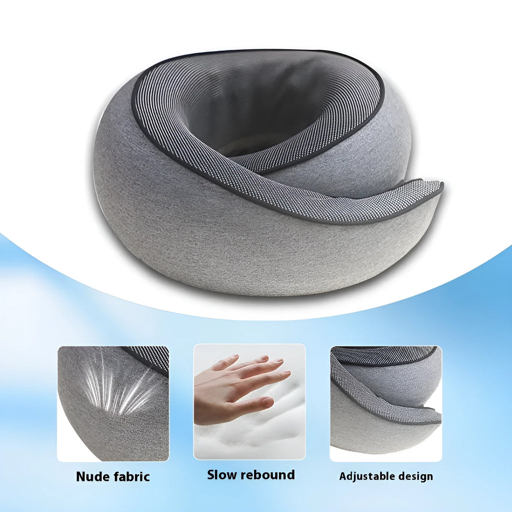 Black U-shaped memory foam travel neck pillow with storage bag, shown from the side.