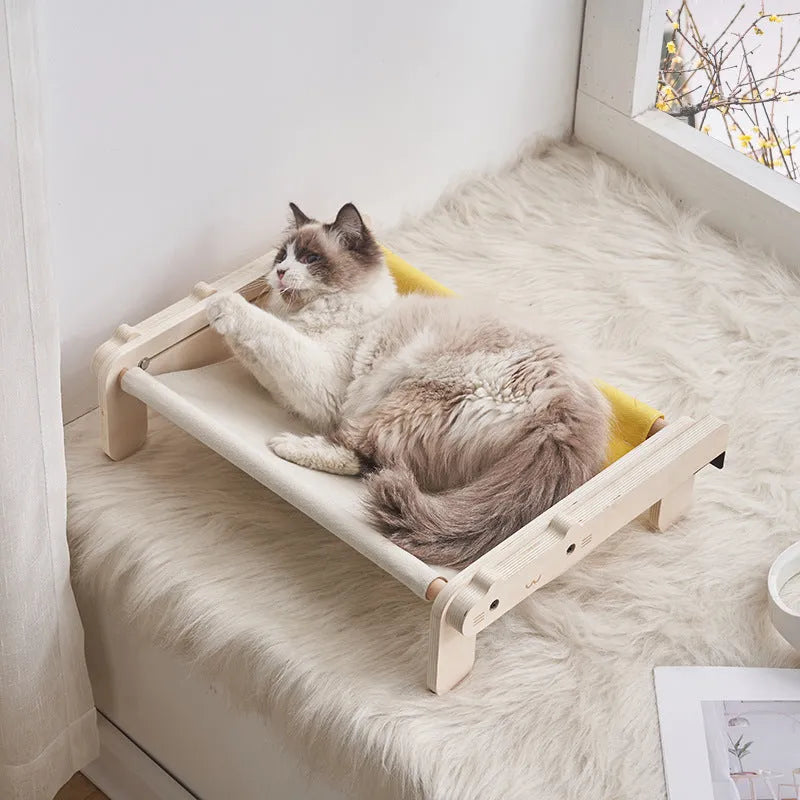 Solid wood pet bed with removable cover in grey plaid pattern for dogs and cats