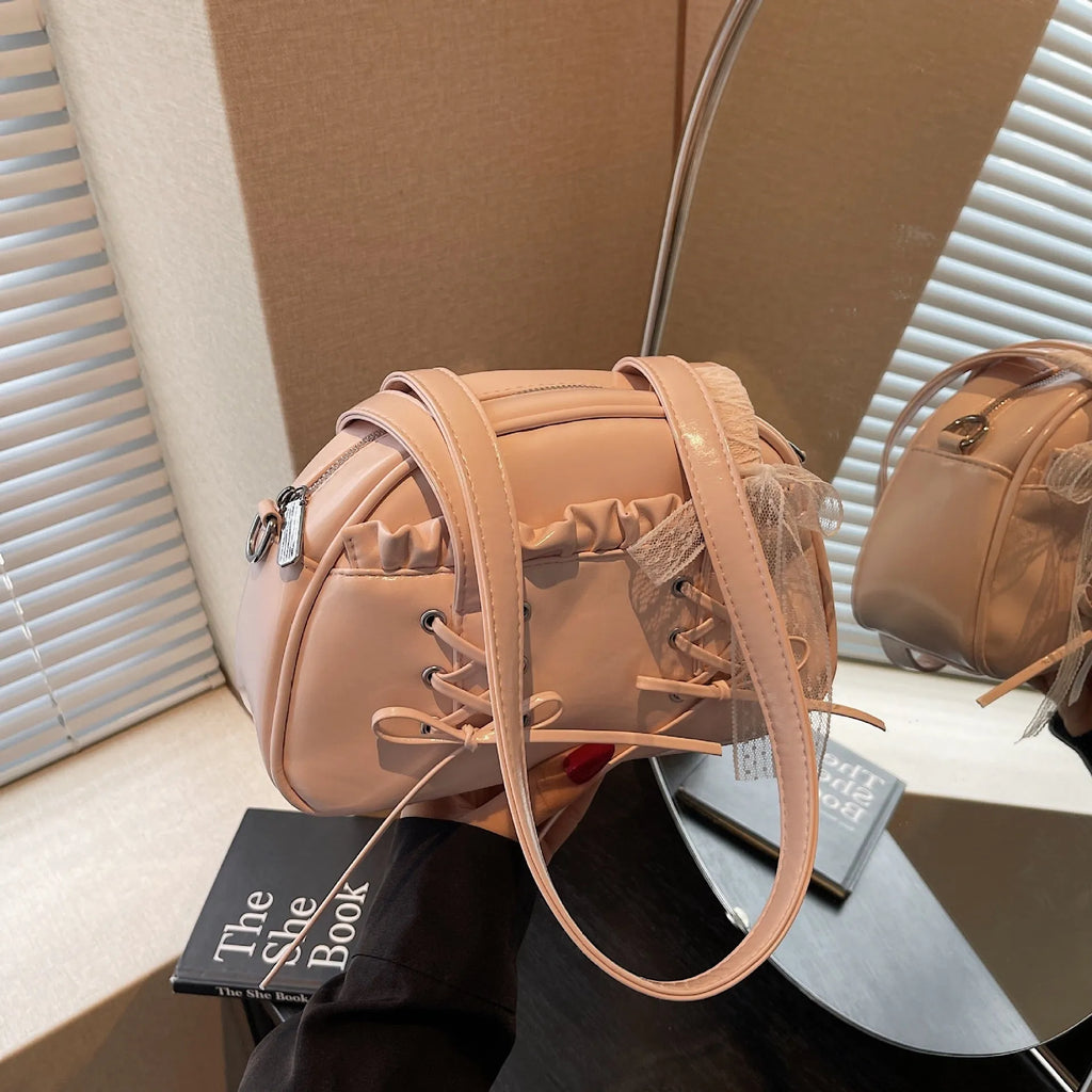 Women's casual shoulder handbag with bandage bow detail and PU leather in milky white colour