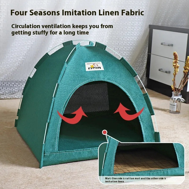 Washable grey tent-style pet bed for cats and small dogs with removable cover