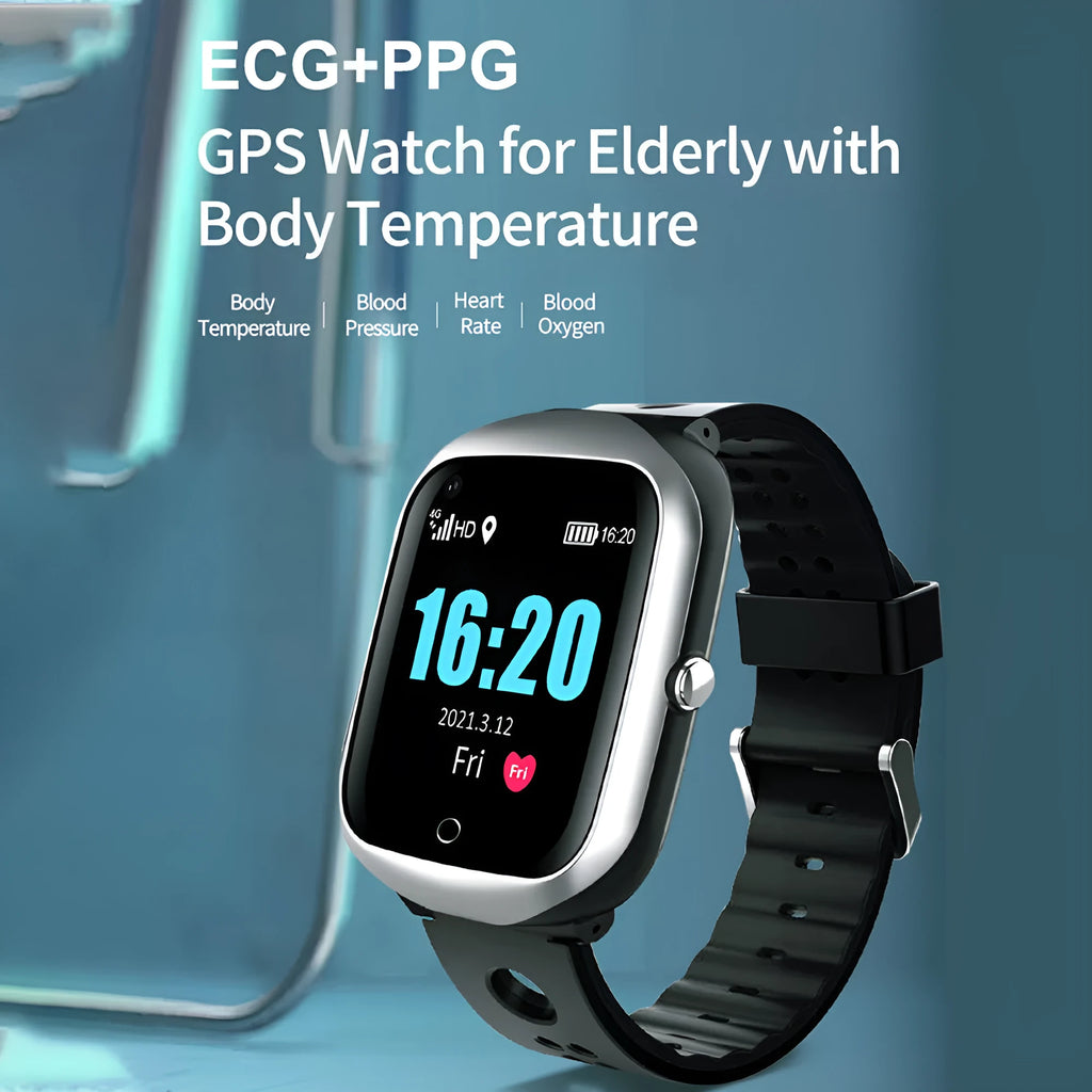 Smart GPS positioning watch for the elderly with a square colour screen and silicone strap.