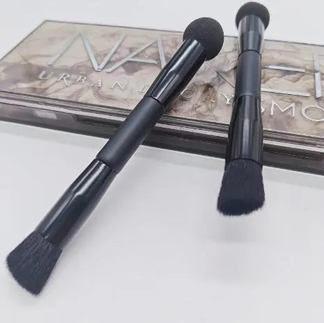 Double-headed miter sponge concealer brush with wooden handle in elegant black