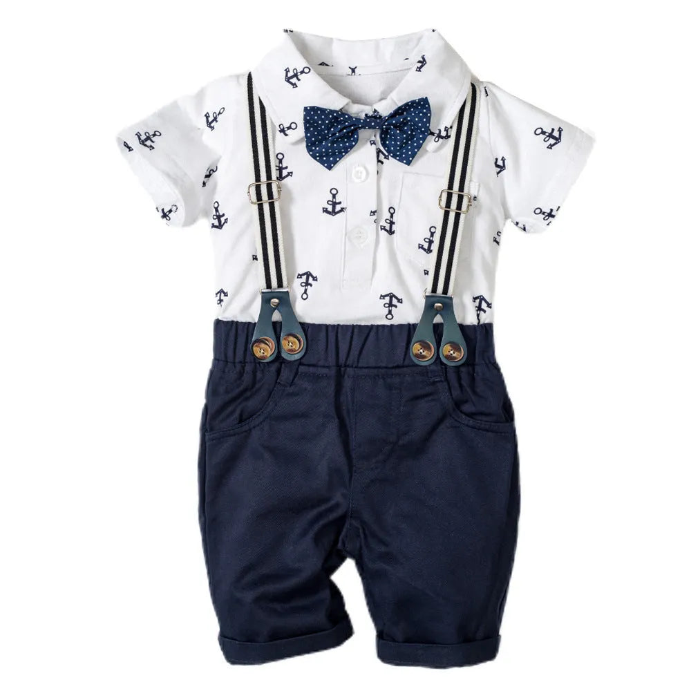 Blue and white cotton triangle romper for baby boy with printed gentleman clothes design