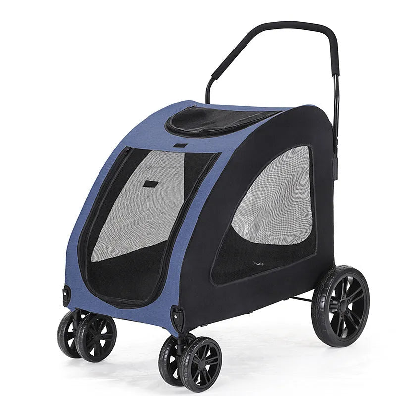 Grey foldable pet stroller for medium to large dogs with metal frame and cloth body