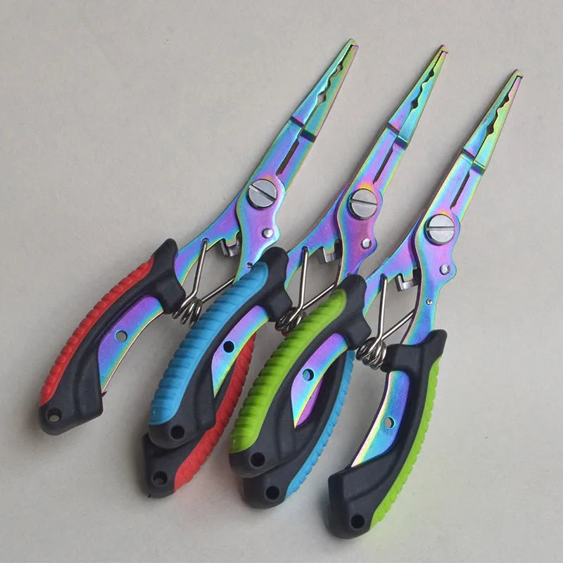 SS420 steel fishing pliers with straight mouth and hook, red blue green handle options
