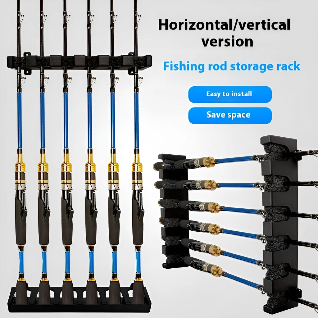Black ABS plastic wall-mounted fishing rod holder bracket for upright or horizontal storage.