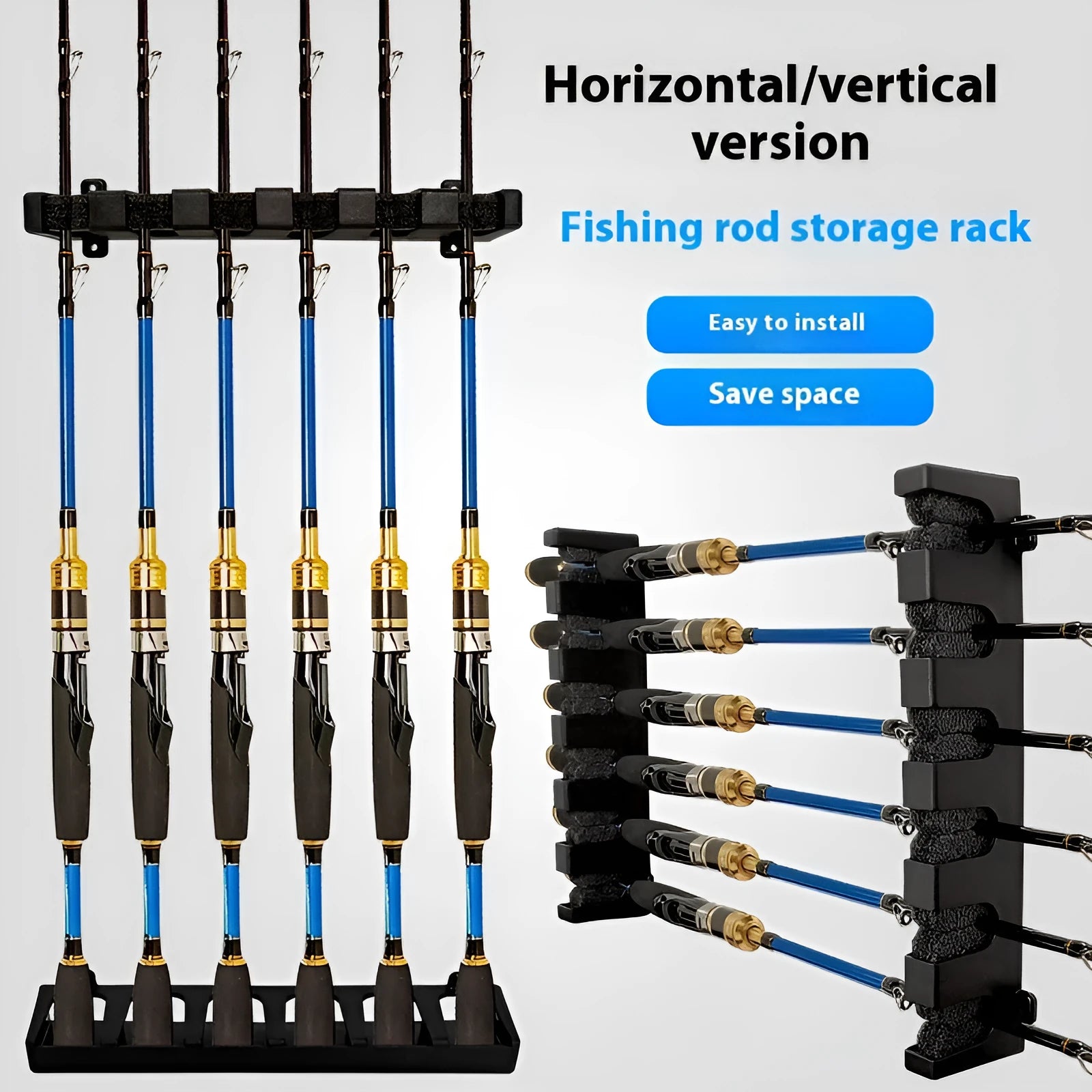 Black ABS plastic wall-mounted fishing rod holder bracket for upright or horizontal storage.