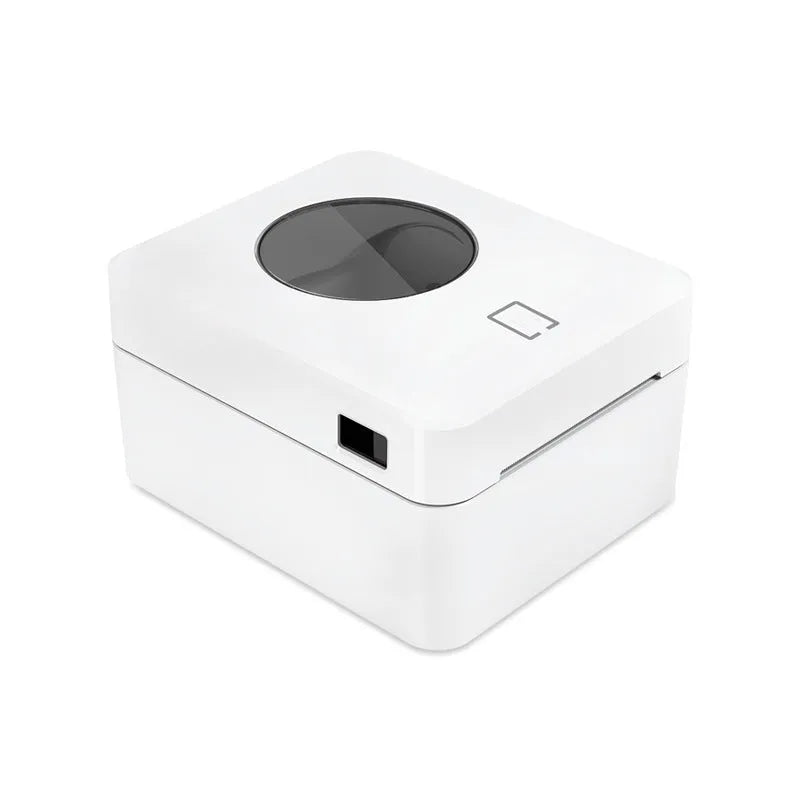 White heat-sensitive label printer with Bluetooth and USB connectivity, compact 200mm wide design