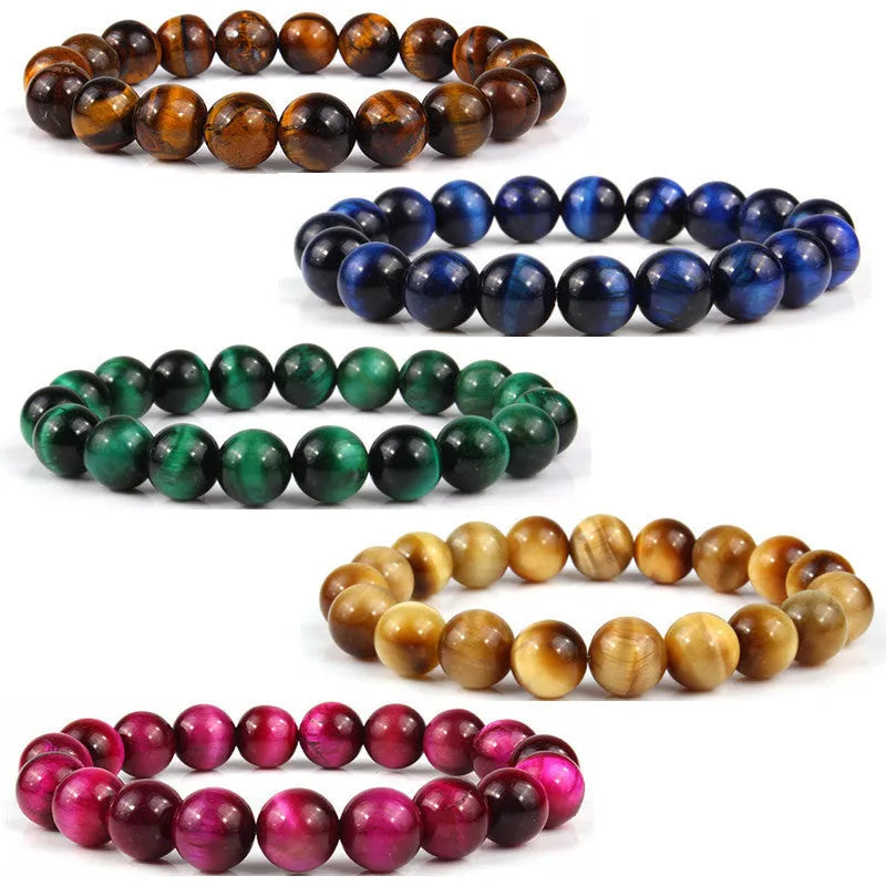 Crystal tiger's eye gemstone bead bracelet showing natural colour variations and round bead geometry