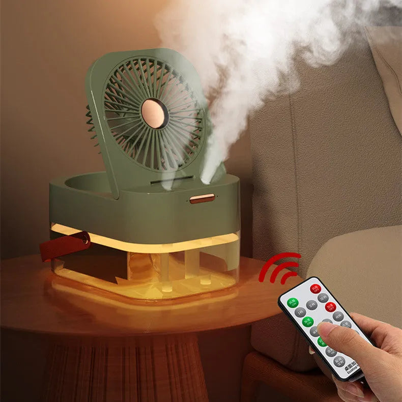 Portable USB mist fan with remote control, 2.5L water tank and night light in forest green colour