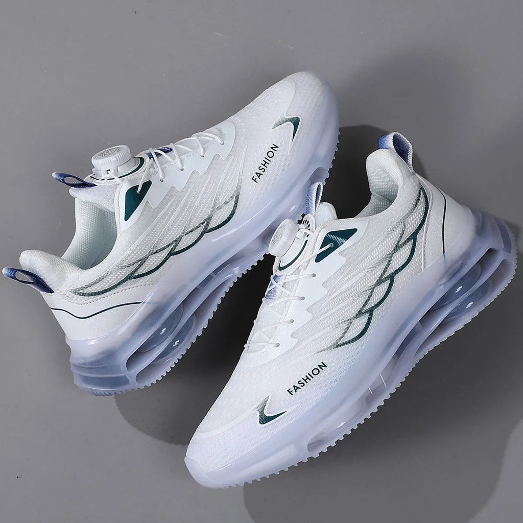 Men's white low-top mesh casual shoes with rotating button and lace-up closure, rubber sole.