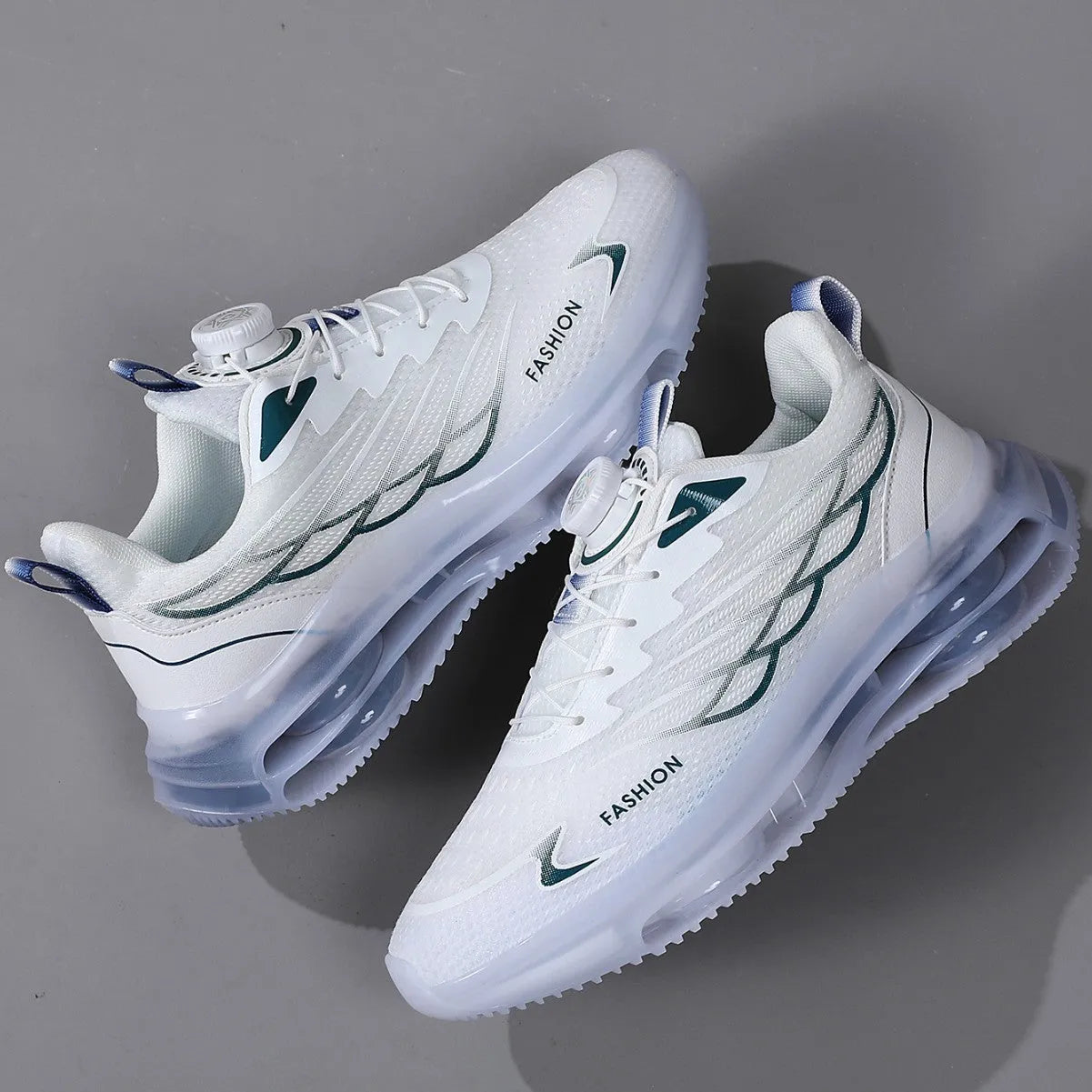 Men's white low-top mesh casual shoes with rotating button and lace-up closure, rubber sole.