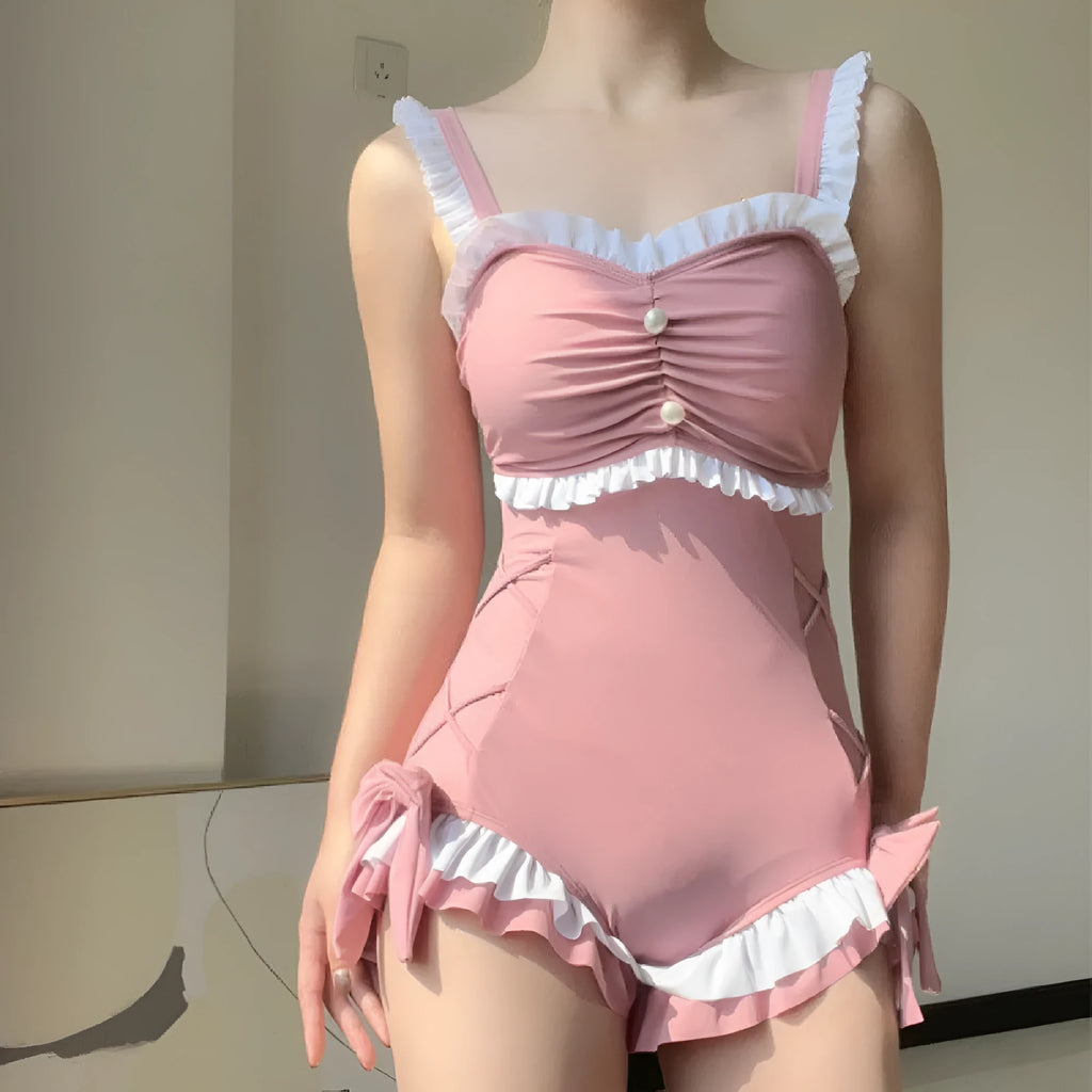 Women's milk silk one-piece swimsuit in solid pink or blue colour for sun protection swimming