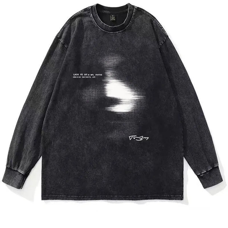 American style distressed 230g heavy cotton long sleeve t-shirt for men, loose fit drop-shoulder pullover in black