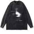 American style distressed 230g heavy cotton long sleeve t-shirt for men, loose fit drop-shoulder pullover in black