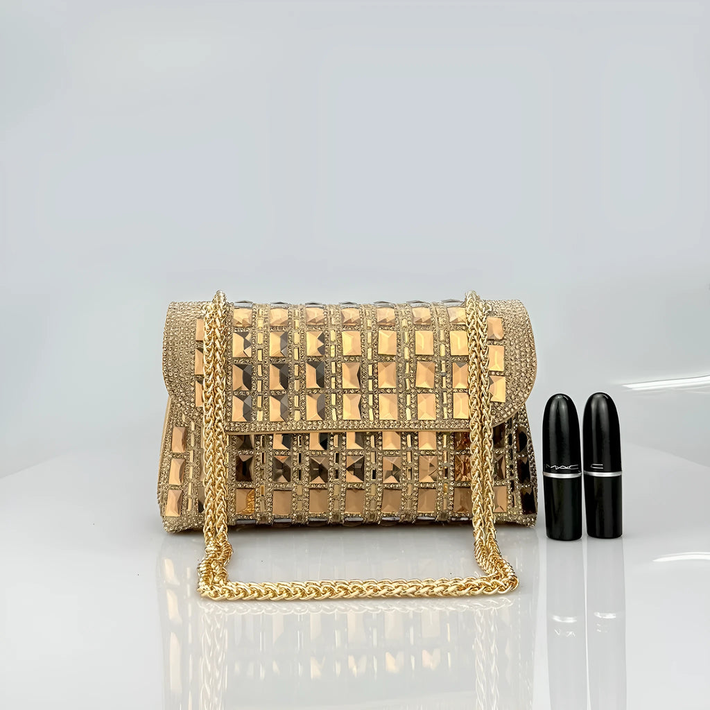 Silver rhinestone chain clutch bag with diamond decorations and phone pocket in horizontal square shape