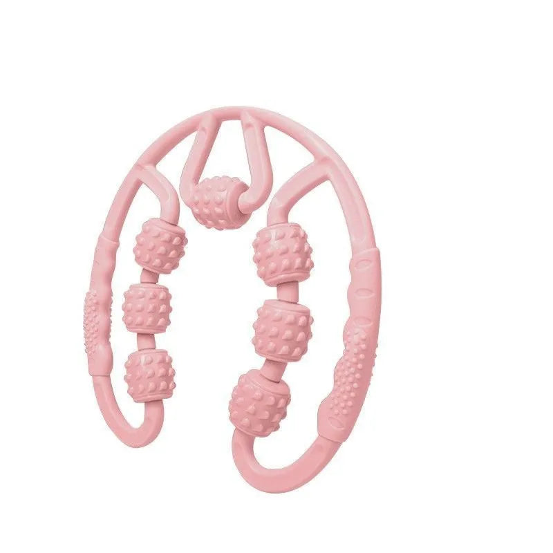 Ring clip leg massager roller with multiple plastic wheels for muscle relaxation.