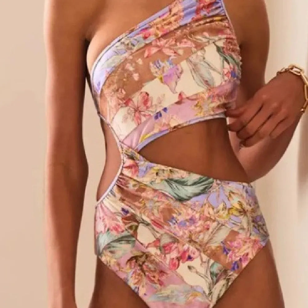 Rose gold patterned women's swimsuit made from polyester for summer swimming