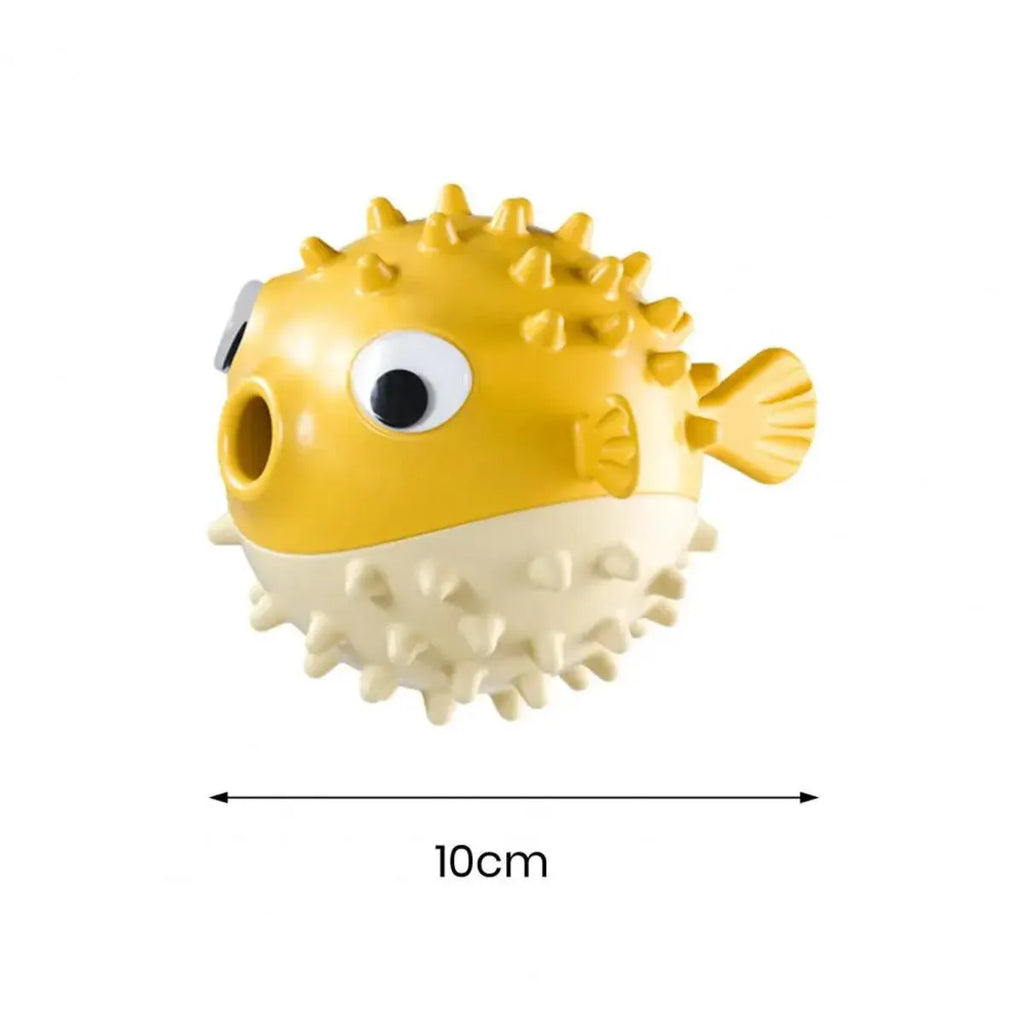 Yellow fish-shaped vinyl dog chew toy with textured surface for aggressive chewers