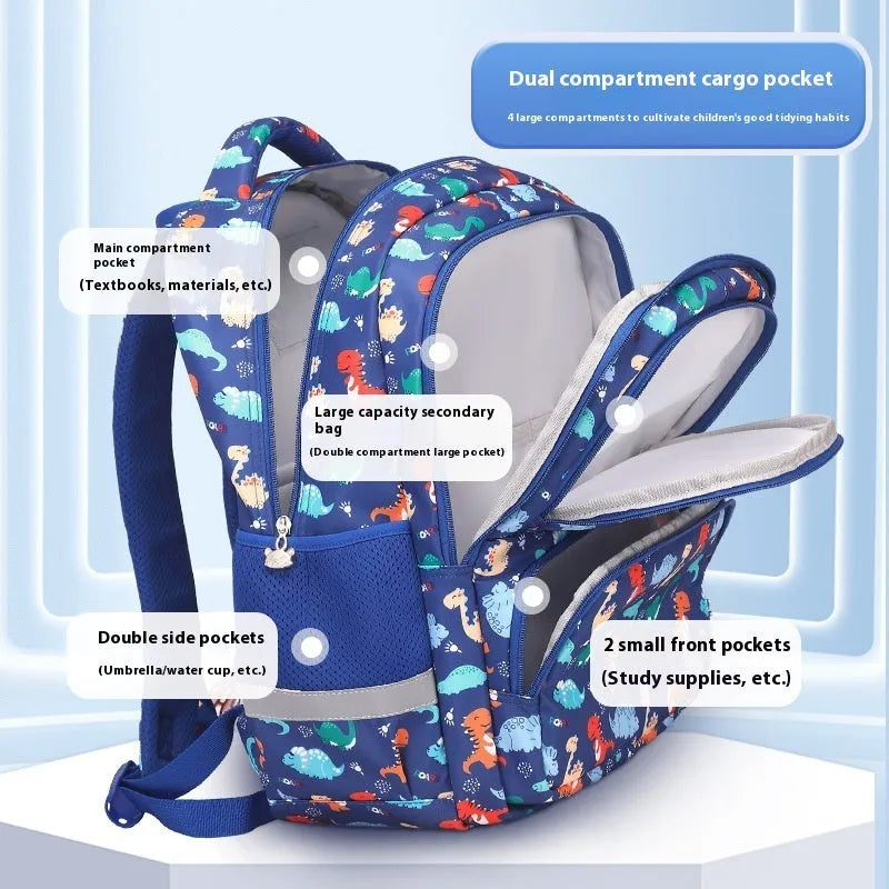 Colourful children's waterproof Oxford cloth school backpack with dinosaur print and curved shoulder straps.