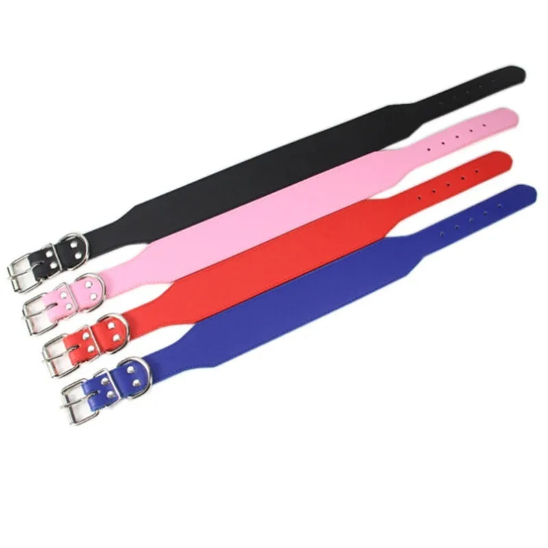 Fish-shaped wide leather dog collar with attached scarf for large breeds in assorted colours.