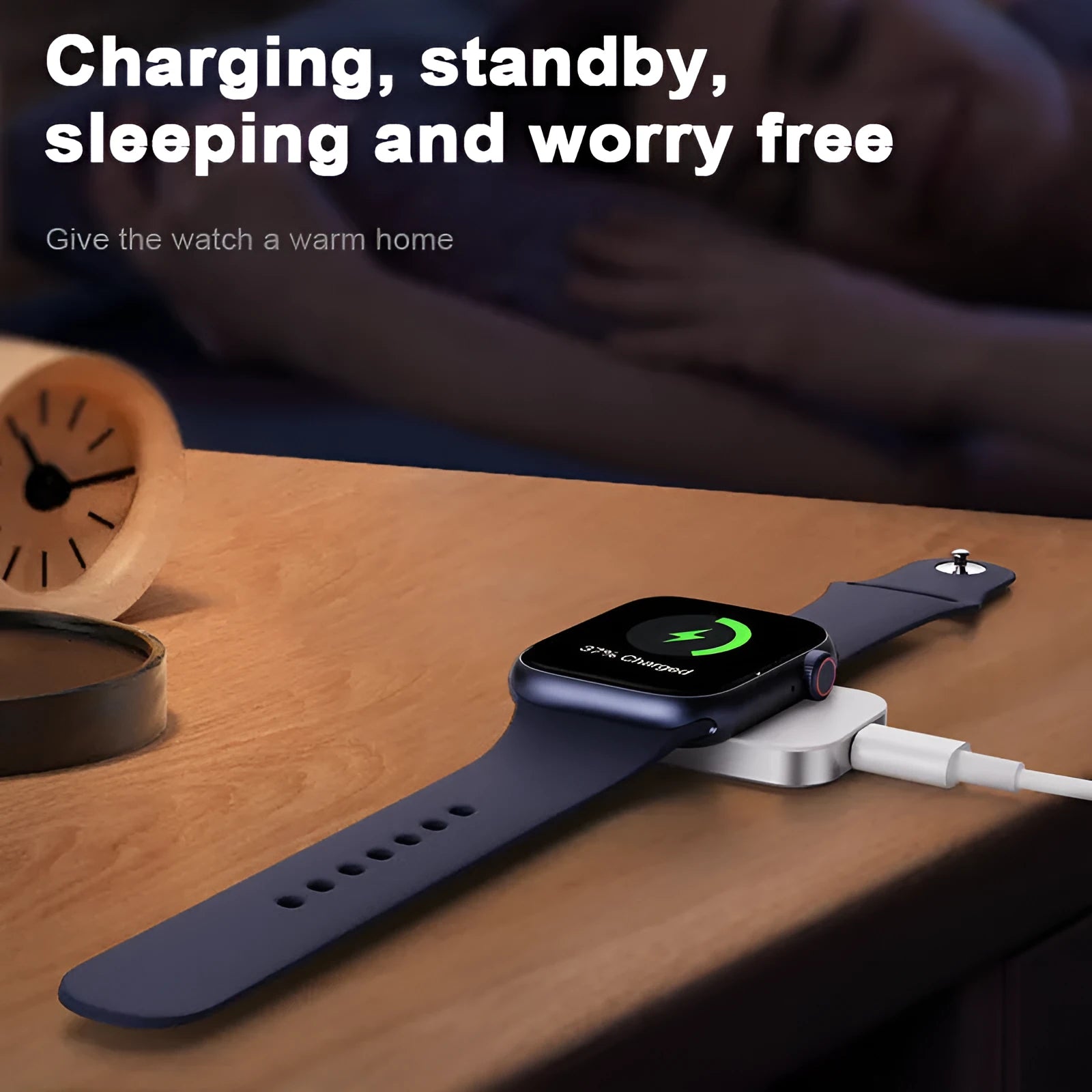 Compact black three-in-one magnetic wireless charger for iPhone, Apple Watch and AirPods.
