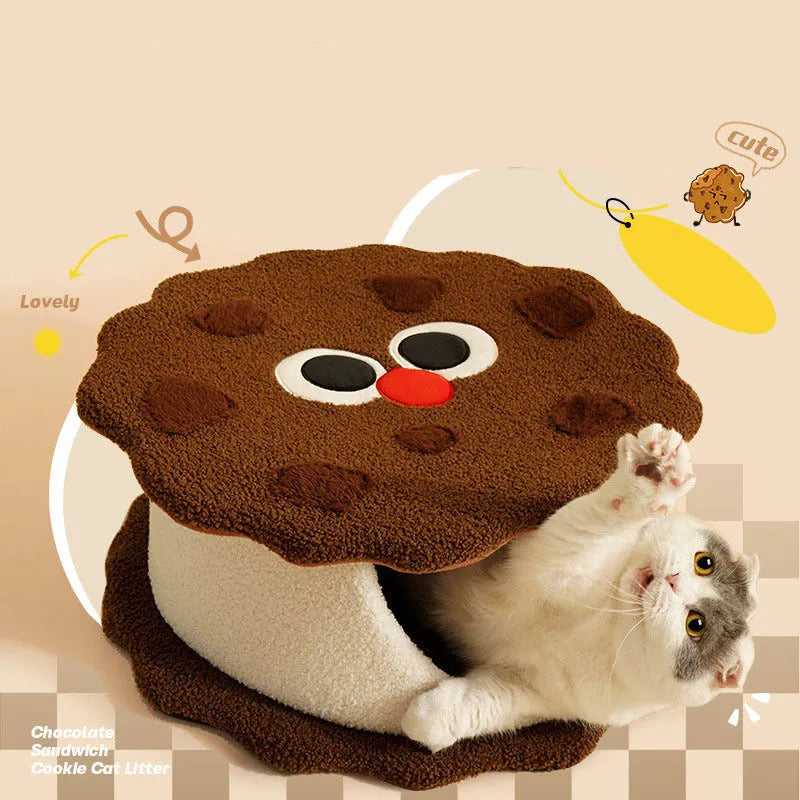 Khaki cookie-shaped enclosed cat bed for winter sleeping
