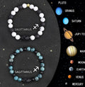 Set of twelve natural stone beaded bracelets laid out, each labelled with a different zodiac sign symbol.