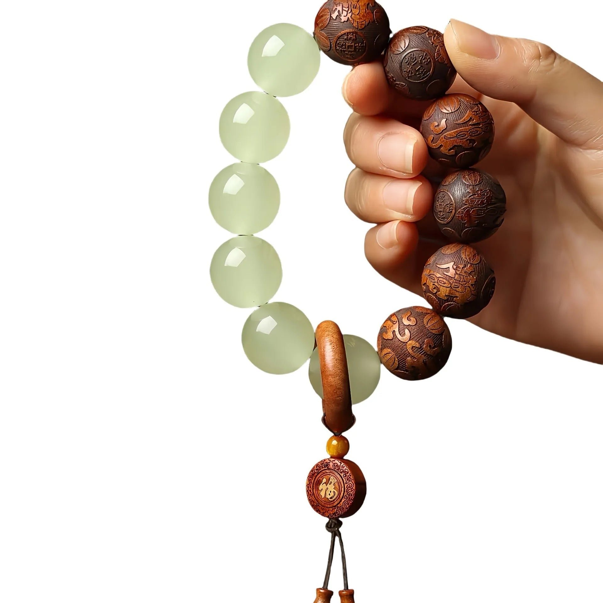 Rosewood bracelet with carved Fu character design and flexible ring construction in amass fortunes colour